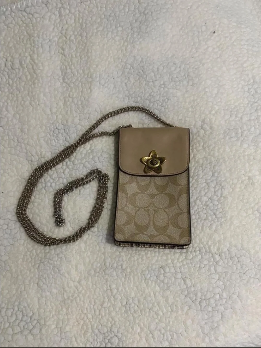 Coach Beige/Tan Signature Canvas Crossbody Phone Bag with Floral Turn-Lock